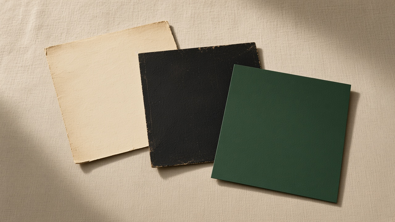 A worn cream sheet, a scuffed black sheet, and one crisp green square.