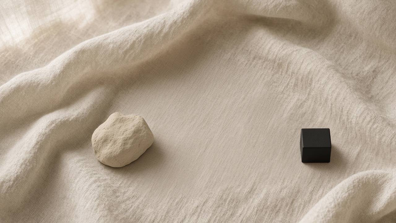 A rough cream stone and a precise black cube on linen.