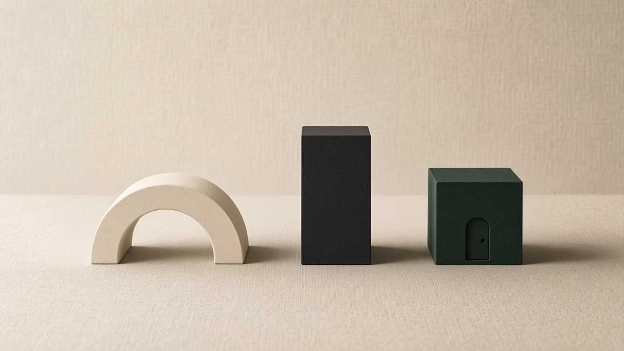 A cream arch, a tall black block, and a green cube with a small door.