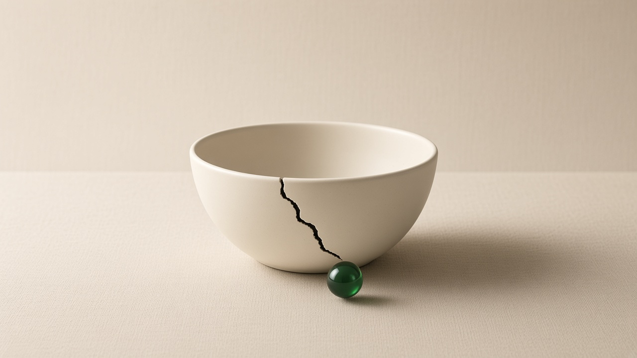 A cream bowl with a charcoal crack and one green bead rolling out.