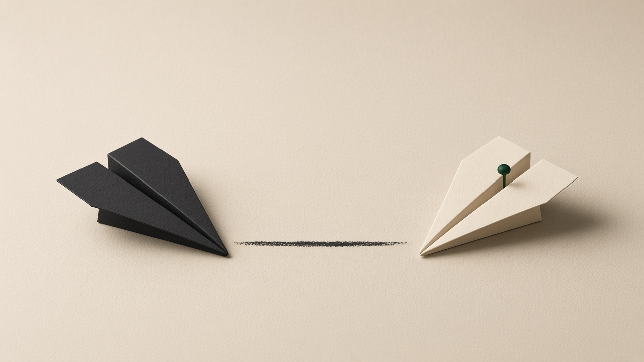 A black paper airplane and a cream one, split by a charcoal line, with a green pin.