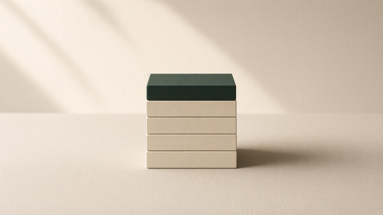 A stack of four cream slabs with one green slab on top.