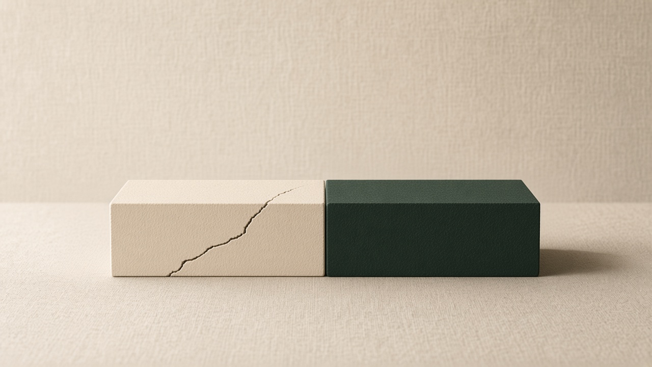 A cracked cream brick beside a solid green brick.