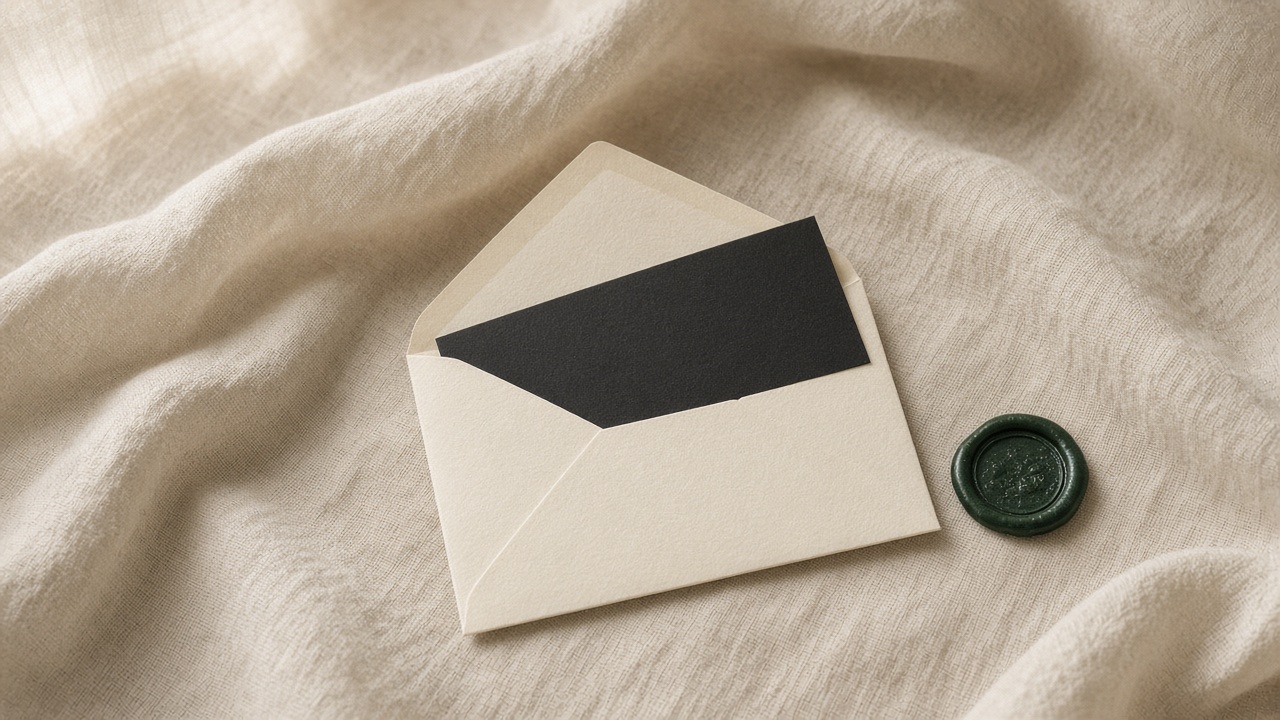 An open cream envelope with a black card and a green seal.
