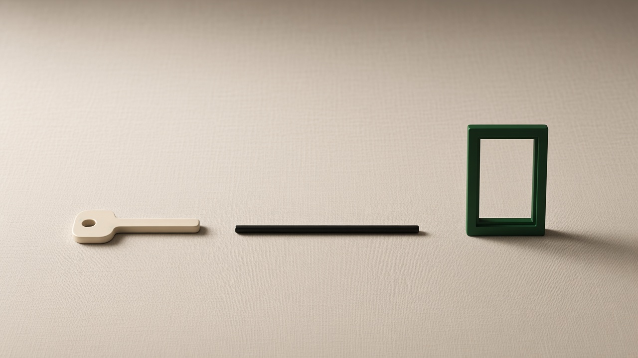 A cream key, a plain black bar, and a small green window frame.
