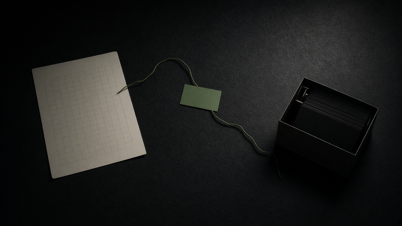 A spreadsheet, a green note, and a card file linked by string on a dark table.