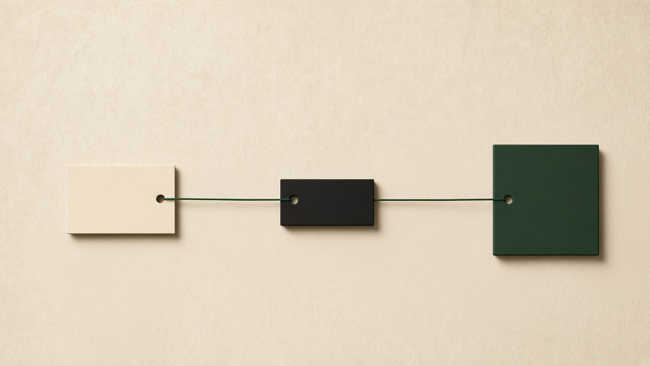 A cream card, a black card, and a green square joined by a green thread.