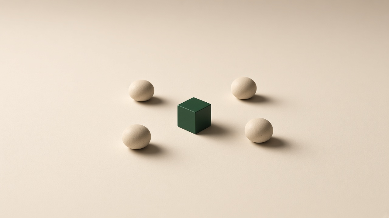 Four cream stones around one green cube.