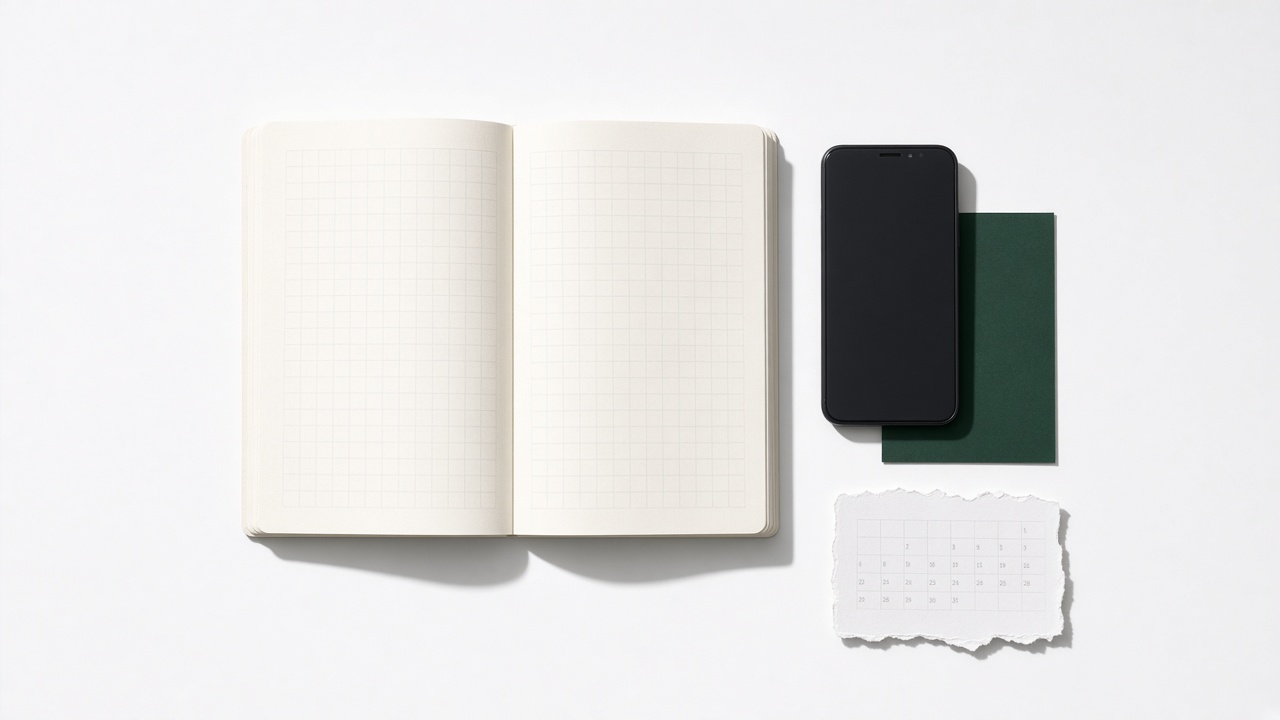 An open grid ledger, a black phone, and a calendar on a white desk.