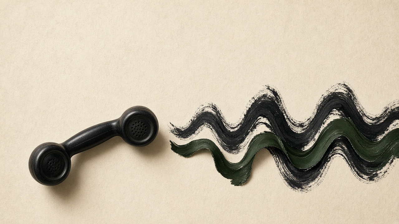 A black telephone handset beside a painted sound wave in charcoal and green.