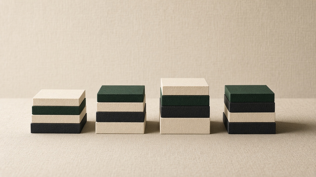 Four stacks of cream, black, and green blocks on a linen surface.