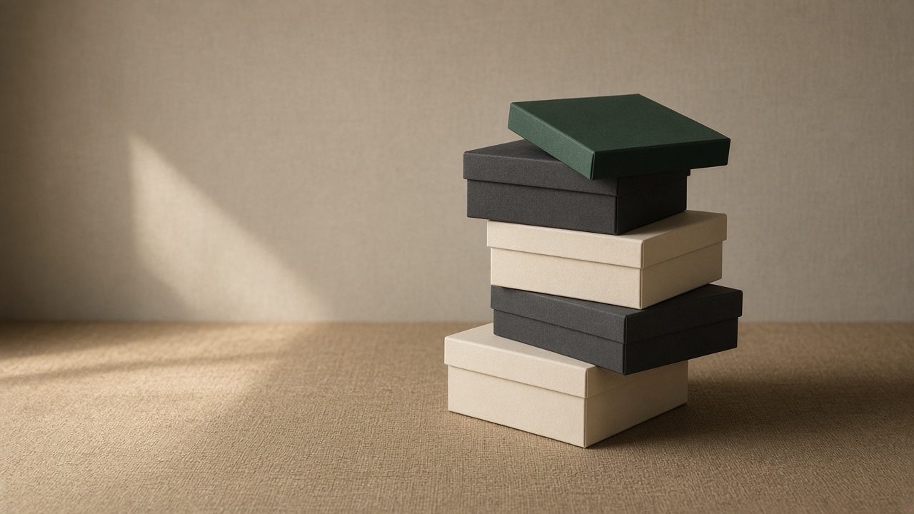 Cream and black archival boxes, one lid green and ajar.